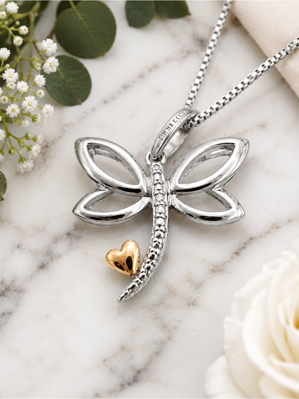 Sterling Silver Diamond Dragonfly with Gold Heart Necklace